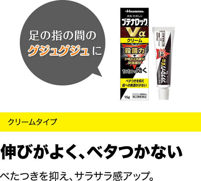 足の指の間のグジュグジュに クリームタイプ 伸びがよく、ベタつかない べたつきを抑え、サラサラ感アップ。