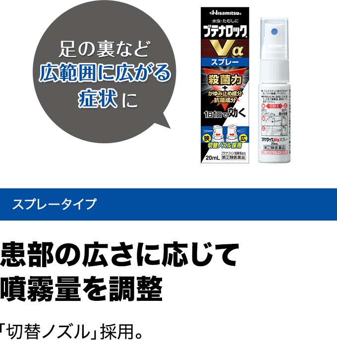 足の裏など広範囲に広がる症状に スプレータイプ 患部の広さに応じて噴霧量を調整 「切替ノズル」採用。