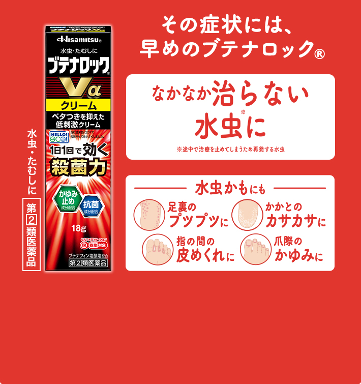 その症状には、早めのブテナロック® 水虫・たむしに［第2類医薬品］ なかなか治らない水虫※に ※途中で治療を止めてしまうため再発する水虫 水虫かもにも 足裏のプツプツに かかとのカサカサに 指の間の皮めくれに 爪際のかゆみに
